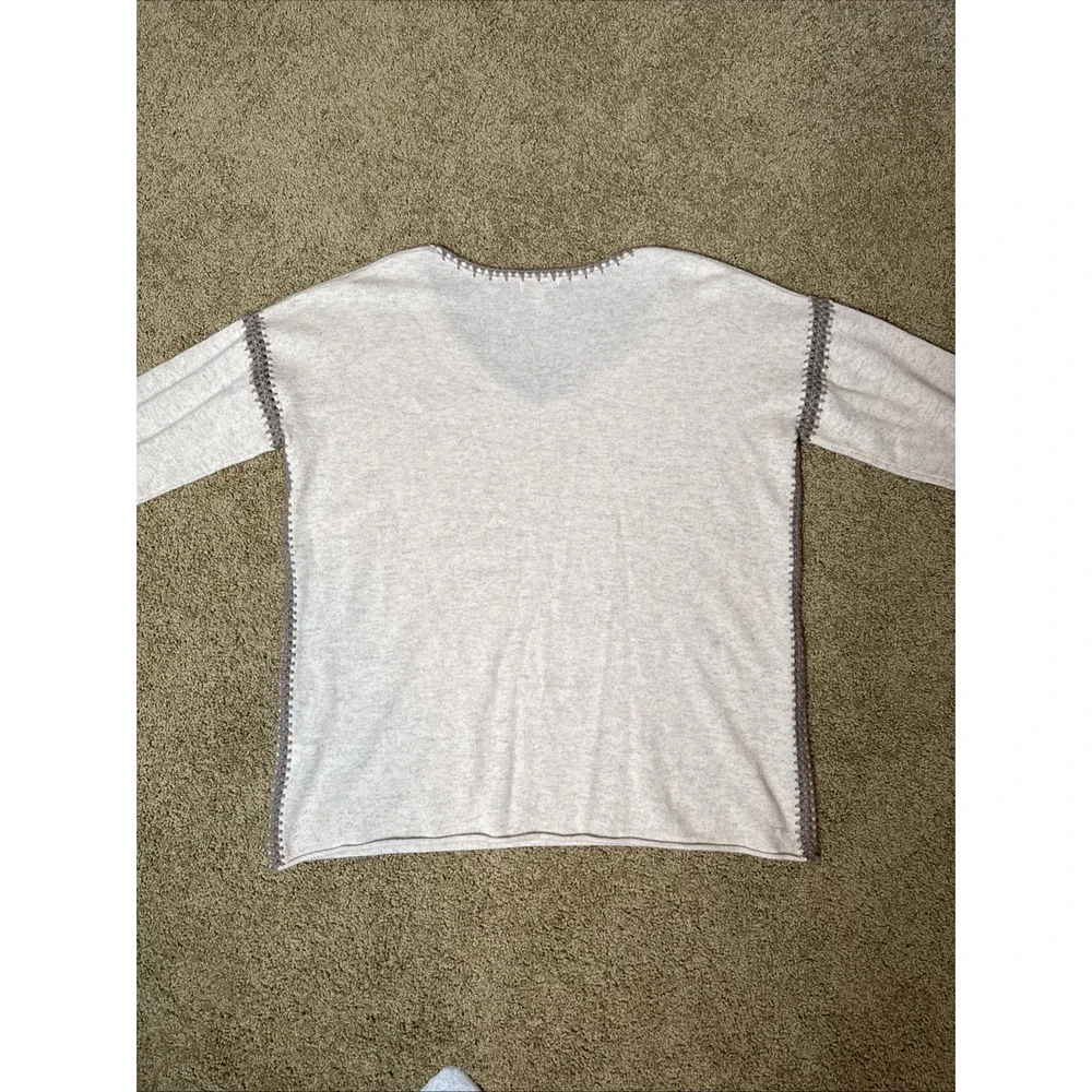 Johnny Was 100% Cashmere V-Neck Sweater Oatmeal Whipstitch Women's Medium Boho